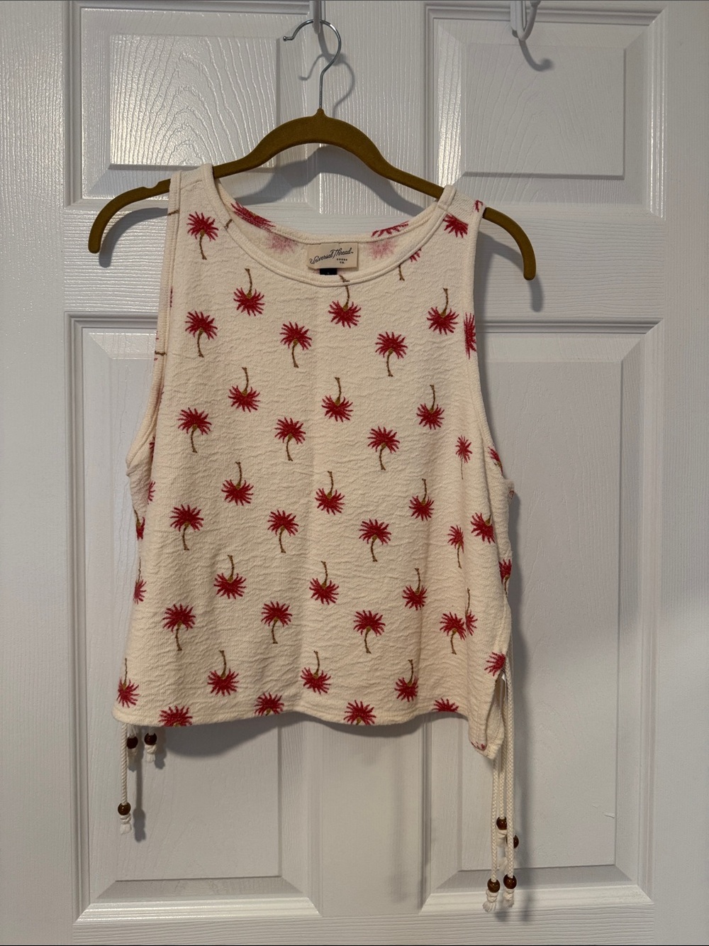Universal Thread Palm-Print Crop Tank Top - Cream with Red Palms & Side Ties SM